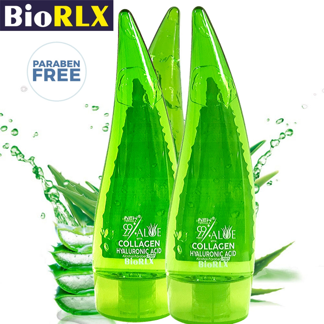 BioRLX  99% Purity  Aloe Vera  Gel with Collagen and Hyarulonic Acid for Face, Body and Hair & Soothing, Moisture, Sun Burns, Anti Wrinkle, Anti Aging, Rashes, Razor Bumps, Dry Skin 2.7 oz.