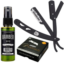 Load image into Gallery viewer, The Shave Factory Straight Edge Razor Kit - Black Straight Edge Razor, Spray Bottle Barber Cologne and Single Edge Razor