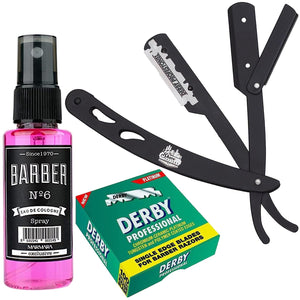 The Shave Factory Straight Edge Razor Kit - Black Straight Edge Razor, Spray Bottle Barber Cologne and Single Edge Razor