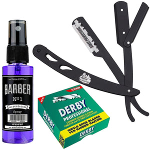 The Shave Factory Straight Edge Razor Kit - Black Straight Edge Razor, Spray Bottle Barber Cologne and Single Edge Razor
